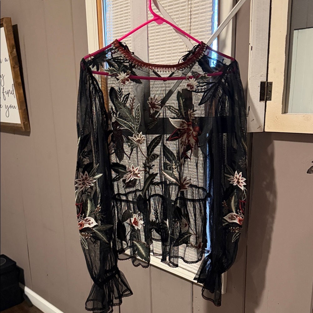 Anthropologie Black Mesh Embroidered Floral Top